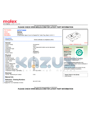 0472710004 datasheet - Compressible Upper Cover for DisplayPort* Cable Plug, Black, UL94V- 0