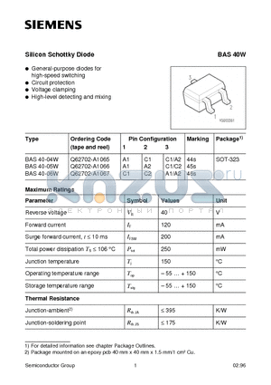 BAS40-04W datasheet - Silicon Schottky Diode (General-purpose diodes for high-speed switching Circuit protection Voltage clamping)