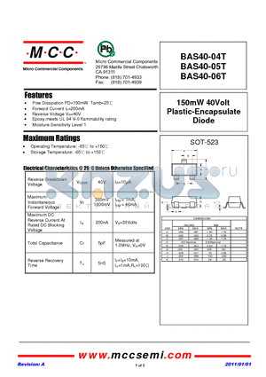 BAS40-04T datasheet - 150mW 40Volt Plastic-Encapsulate Diode
