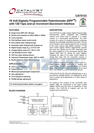 CAT5133 datasheet - 16 Volt Digitally Programmable Potentiometer (DPPTM) with 128 Taps and an Increment Decrement Interface