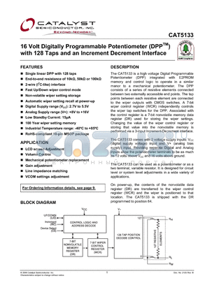 CAT5133ZI-00-GT3 datasheet - 16 Volt Digitally Programmable Potentiometer (DPP TM) with 128 Taps and an Increment Decrement Interface