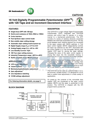 CAT5133ZI-00-GT3 datasheet - 16 Volt Digitally Programmable Potentiometer with 128 Taps and an Increment Decrement Interface