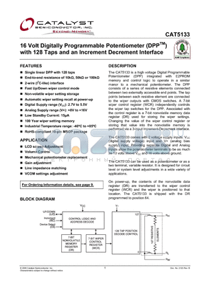 CAT5133ZI-00T3 datasheet - 16 Volt Digitally Programmable Potentiometer (DPP TM) with 128 Taps and an Increment Decrement Interface