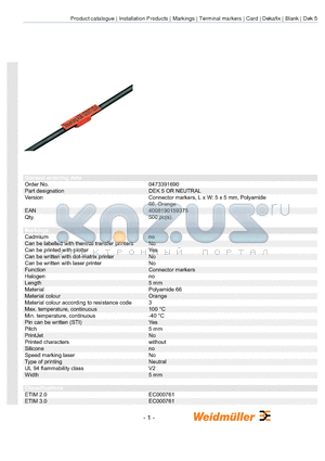 0473391690 datasheet - Connector markers, L x W: 5 x 5 mm, Polyamide 66, Orange