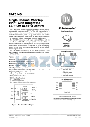 CAT5140 datasheet - Single Channel 256 Tap DPP with Integrated EEPROM and I2C Control