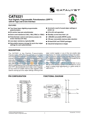 CAT5221 datasheet - Dual Digitally Programmable Potentiometers (DPP) with 64 Taps and 2-wire Interface