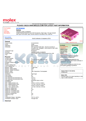 0474036202 datasheet - Combo External Serial ATA and USB Receptacles, Right Angle, Through Holewith SMT type Front Solder Tabs, Reverse Mount on Recessed PCB, Lead free