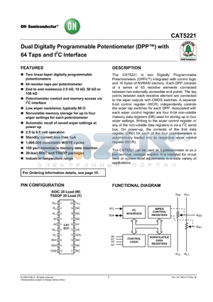 CAT5221WI-00-T1 datasheet - Dual Digitally Programmable Potentiometer (DPP) with 64 Taps and I2C Interface