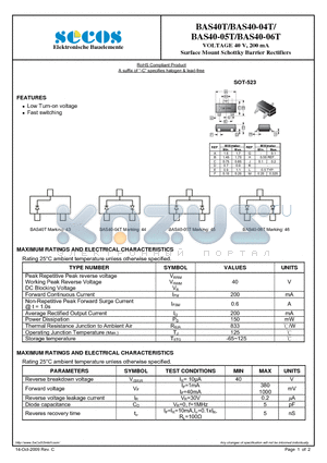 BAS40T_09 datasheet - Surface Mount Schottky Barrier Rectifiers