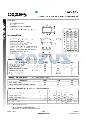 BAS40V datasheet - DUAL SURFACE MOUNT SCHOTTKY BARRIER DIODE