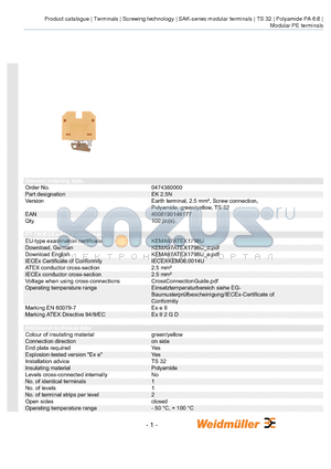 0474360000 datasheet - Earth terminal, 2.5 mmb, Screw connection