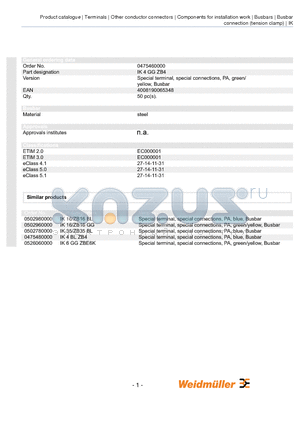 0475460000 datasheet - Special terminal, special connections, PA, green/ yellow, Busbar