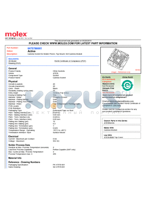 0475780001 datasheet - Camera Socket for Mobile Phone, Top Mount, 6x6 Camera Module