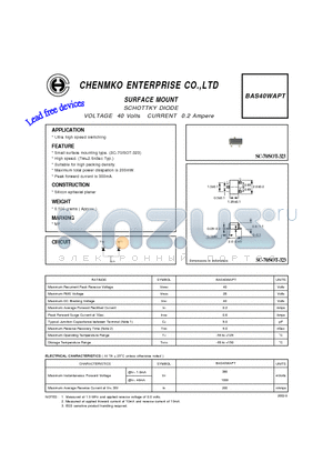 BAS40WAPT datasheet - SCHOTTKY DIODE VOLTAGE 40 Volts CURRENT 0.2 Ampere