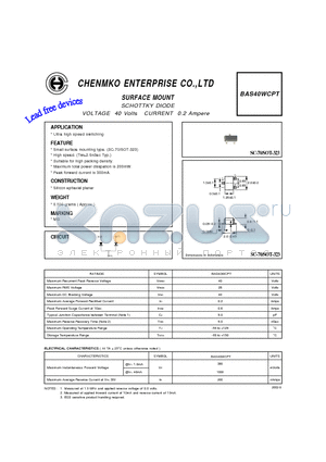 BAS40WCPT datasheet - SCHOTTKY DIODE VOLTAGE 40 Volts CURRENT 0.2 Ampere