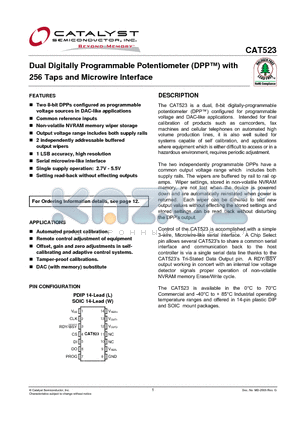 CAT523WI datasheet - Dual Digitally Programmable Potentiometer (DPP) with 256 Taps and Microwire Interface