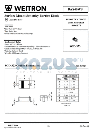 BAS40WS datasheet - Surface Mount Schottky Barrier Diode