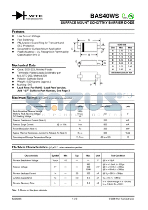 BAS40WS datasheet - SURFACE MOUNT SCHOTTKY BARRIER DIODE