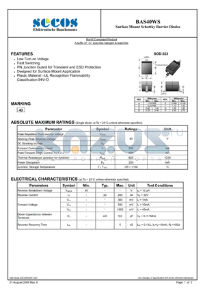 BAS40WS datasheet - Surface Mount Schottky Barrier Diodes