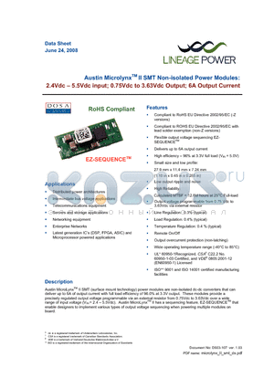 ATH006A0X4-SR datasheet - 2.4 - 5.5Vdc input; 0.75Vdc to 3.63Vdc Output; 6A output current