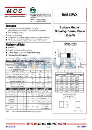 BAS40WX_11 datasheet - Surface Mount Schottky Barrier Diode 350mW