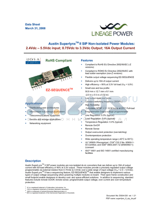 ATH016A0X43Z datasheet - 2.4 - 5.5Vdc input; 0.75Vdc to 3.3Vdc Output; 16A output current