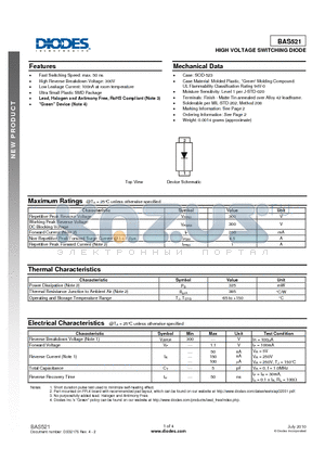 BAS521 datasheet - HIGH VOLTAGE SWITCHING DIODE