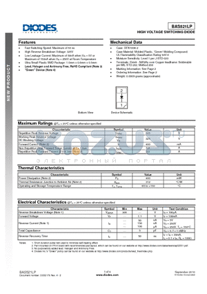 BAS521LP-7 datasheet - HIGH VOLTAGE SWITCHING DIODE