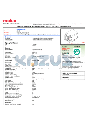 0480251090 datasheet - Modular Jack, Right Angle, 10/100, with Integrated Magnetic and LED, 8/8, Lead free