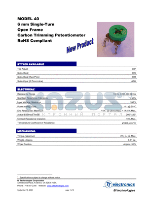 40BR10KLF datasheet - 6 mm Single-Turn Open Frame Carbon Trimming Potentiometer RoHS Compliant