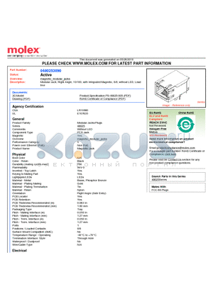 0480253090 datasheet - Modular Jack, Right Angle, 10/100, with Integrated Magnetic, 8/8, without LED, Lead free