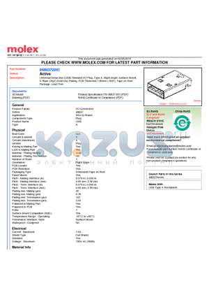 0480372001 datasheet - Universal Serial Bus (USB) Shielded I/O Plug, Type A, Right Angle, Surface Mount,0.76lm (30l