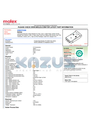 0480372300 datasheet - Universal Serial Bus (USB) Shielded I/O Plug, Type A, Right Angle, Surface Mount,Straight Tab 4.80mm (.189