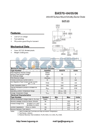 BAS70 datasheet - 200mW Surface Mount Schottky Barrier Diode