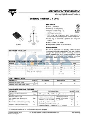 40CPQ050PBF datasheet - Schottky Rectifier, 2 x 20 A