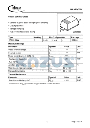 BAS70-02W datasheet - Silicon Schottky Diode