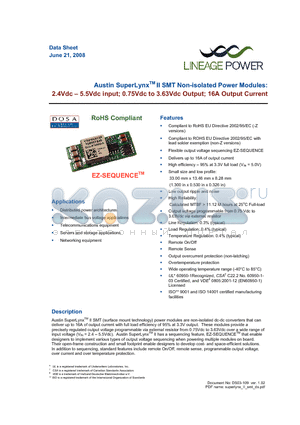 ATH016A0X43-SRZ datasheet - 2.4 - 5.5Vdc input; 0.75Vdc to 3.63Vdc Output; 16A output current