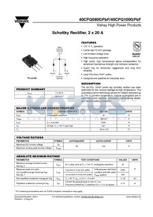 40CPQ080GPBF datasheet - Schottky Rectifier, 2 x 20 A