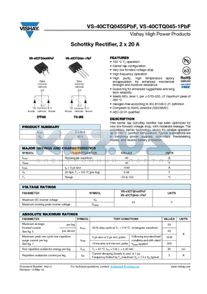 40CTQ045-1TRRPBF datasheet - Schottky Rectifier, 2 x 20 A
