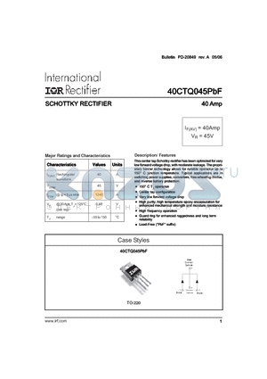 40CTQ045PBF datasheet - SCHOTTKY RECTIFIER 40 Amp