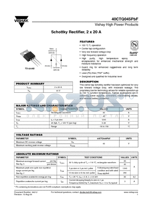 40CTQ045PBF datasheet - Schottky Rectifier, 2 x 20 A