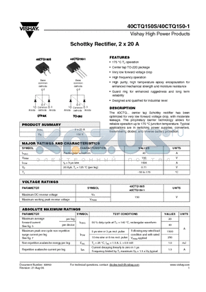 40CTQ150-1TRL datasheet - Schottky Rectifier, 2 x 20 A