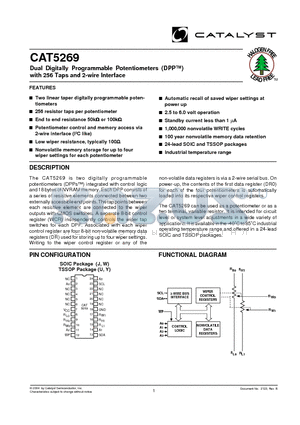 CAT5269JI-00TE13 datasheet - Dual Digitally Programmable Potentiometers (DPP) with 256 Taps and 2-wire Interface