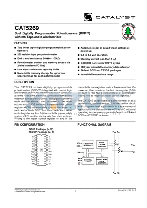 CAT5269WI-00TE13 datasheet - Dual Digitally Programmable Potentiometers (DPP) with 256 Taps and 2-wire Interface