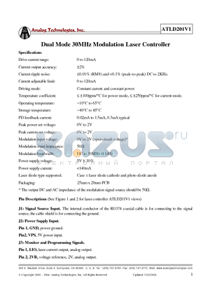 ATLD201V1 datasheet - Dual Mode 30MHz Modulation Laser Controller