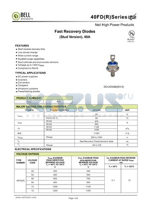 40FDR10B datasheet - Fast Recovery Diodes (Stud Version), 40A