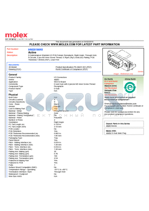 0482016045 datasheet - D-Subminiature Shielded I/O PCB Female Receptacle, Right Angle, Through Hole,9 Circuits, 2 pcs M3 Inner Screw Thread, 0.76lm (30l