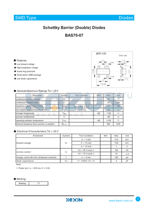 BAS70-07 datasheet - Schottky Barrier (Double) Diodes