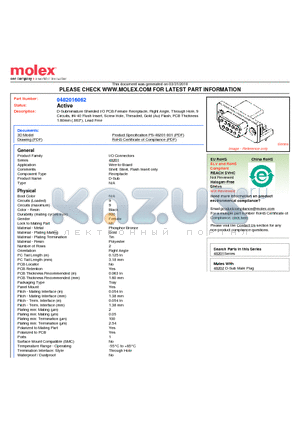 0482016062 datasheet - D-Subminiature Shielded I/O PCB Female Receptacle, Right Angle, Through Hole, 9 Circuits, 4-40 Flush Insert, Screw