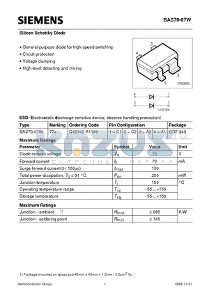 BAS70-07W datasheet - Silicon Schottky Diode (General-purpose diode for high-speed switching Circuit protection Voltage clamping High-level detecting and mixing)